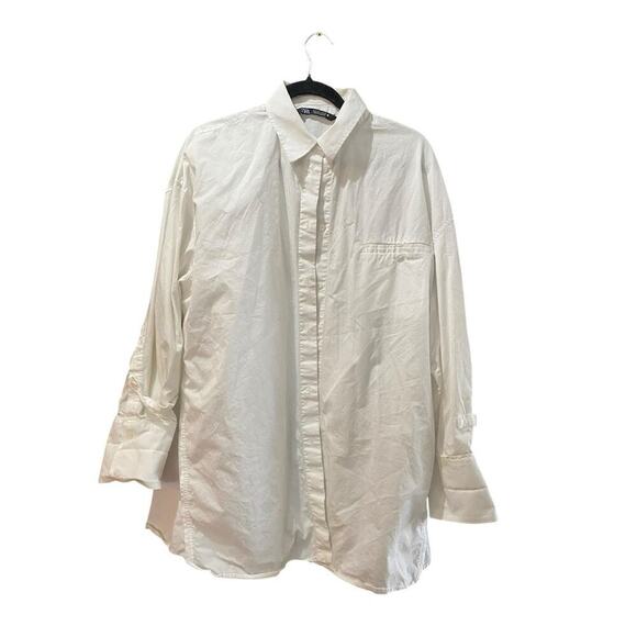 Zara White Long Sleeves Oversized Cotton Chiffon Button Down Shirt Size L - Picture 3 of 6